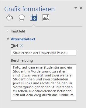 Screenshot des Bereichs "Alternativtext" im Aufgabenbereich "Grafik formatieren" mit dem Eingabefeld für "Titel" und dem Eingabefeld für die "Beschreibung" für den Alternativtext.