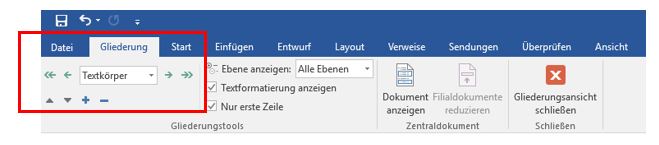 Screenshot der Gliederungsansicht in Word, der Reiter "Gliederung" ist aktiv. Der ausgewählte Text ist als "Textkörper" in der Ebenauswahlliste markiert.