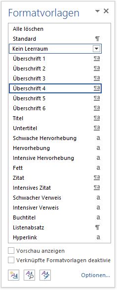 Detailansicht der Formatvorlagen. Vertikale Auflistung der Überschriftenformate mit Namen und entsprechendem Textstil.