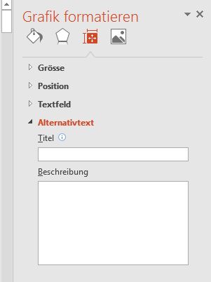 Screenshot des Aufgabenbereichs "Grafik formatieren". Darunter ist eine horizontale Liste von Icons, "Größe und Eigenschaften" ist gewählt. Die vertikale Liste darunter lässt sich einzeln aufklappen, bei Alternativtext wird Titel und Beschreibung eing