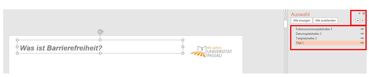 Im Aufgabenbereich "Auswahl" sind Eintr&auml;ge vertikal aufgelistet (von oben nach unten): Foliennummernplatzhalter, Datumsplatzhalter, Textplatzhalter, Titel (farblich markiert). Am rechten Eck sind zwei Schalter (Dreieck mit Spitze) f&uuml;r Elementenanordnung