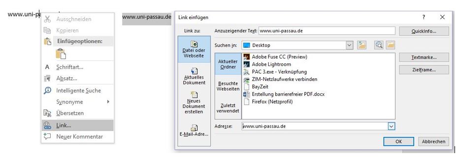 Screenshot eines Ausschnittes aus Word. Im Hintergrund ist ein Text zu sehen, ein Kontextmenü legt sich darüber, der Eintrag "Link" ist hervorgehoben. Ein Dialogfenster mit Fenstertitel "Link einfügen" ist geöffnet, in dem der Link eingegeben wird.