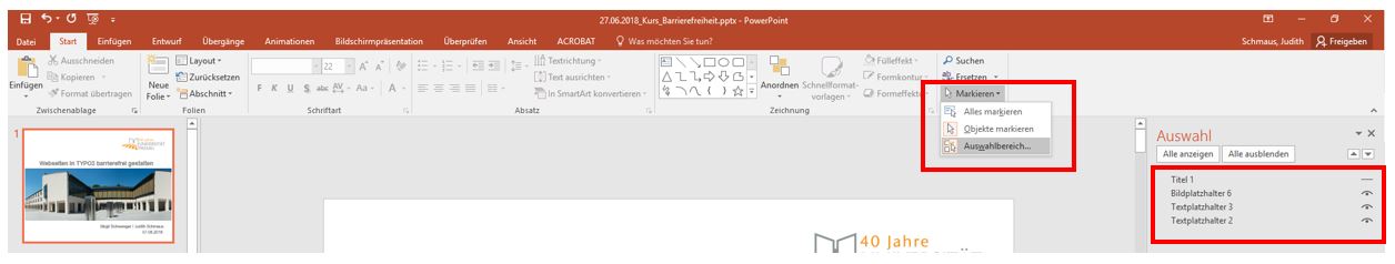 Der Reiter Start ist aktiviert. Am linken Rand des Ribbon-Men&uuml; ist der Eintrag "Markieren" aktiv, das Untermen&uuml; ist aufgeklappt. "Auswahlbereich" ist markiert. Am rechten Rand ist Auflistung mit Augen-Icon zu sehen.z