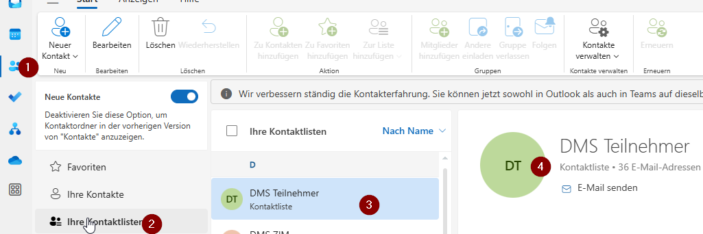 Adressbuch Kontaktlisten ausw&auml;hlen - Outlook Online