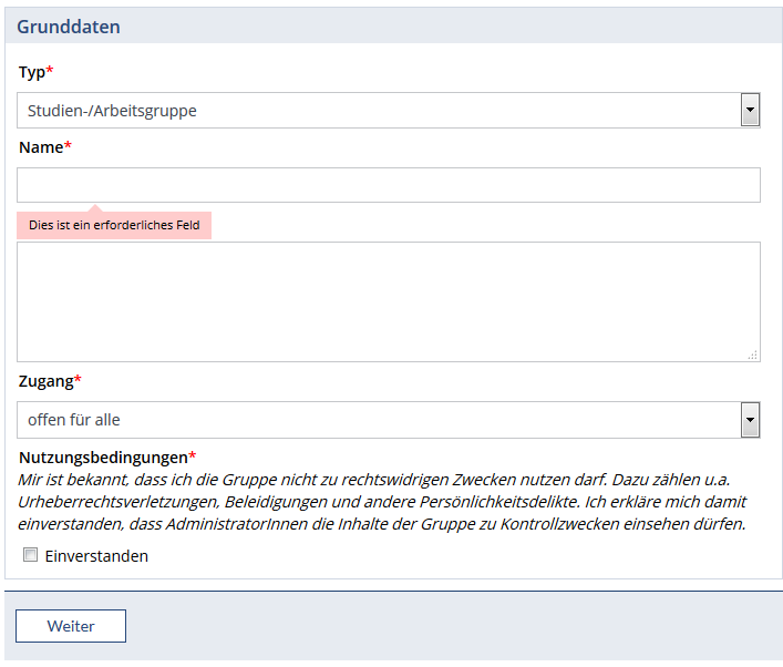 Studiengruppe anlegen Studiengruppe anlegen