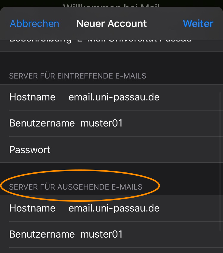 IMAP Server-Daten für ausgehende E-Mails