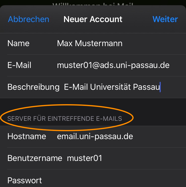 IMAP Server-Daten für eintreffende E-Mails