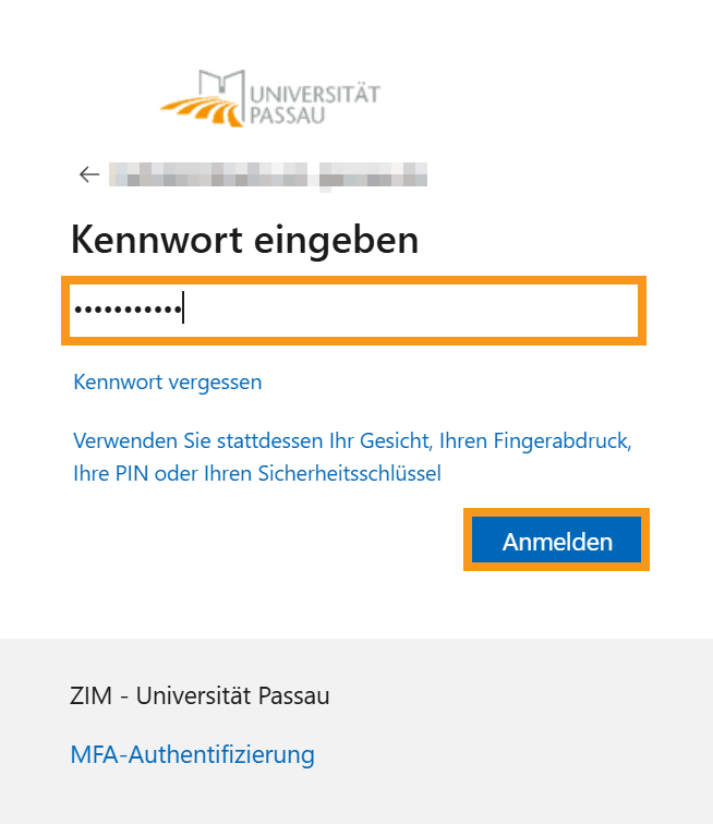 Anmeldemaske Kennwort eingeben