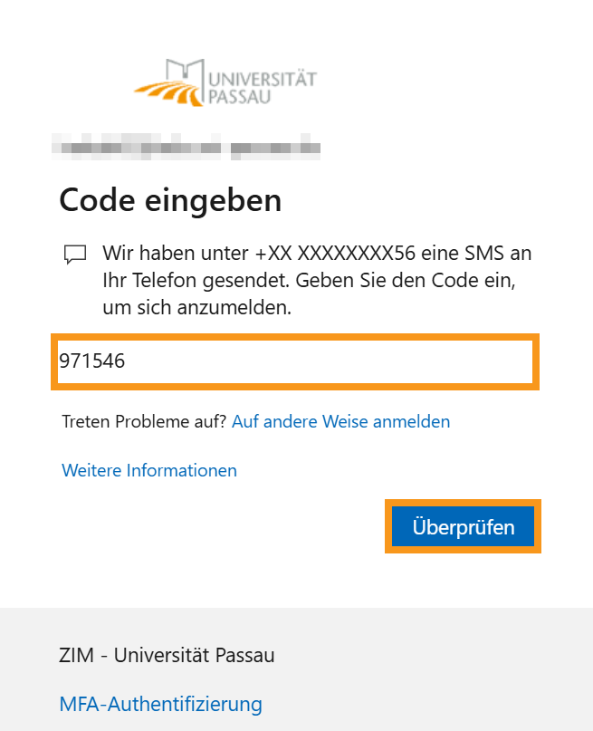 Bild Anmeldemaske Code eingeben