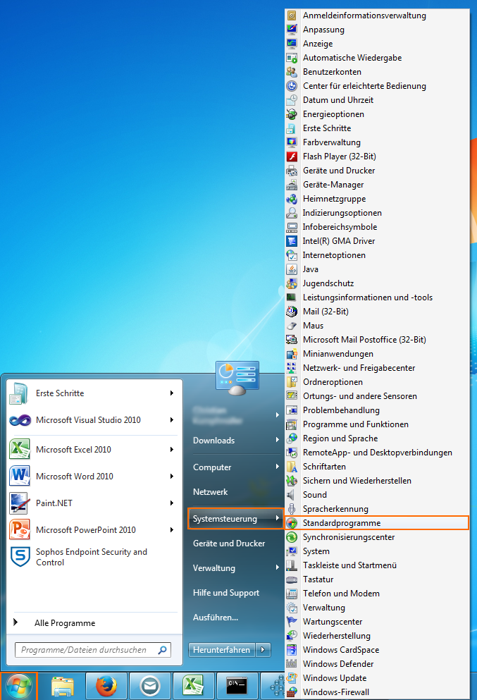 Variant 2: open standard programs via the control panel