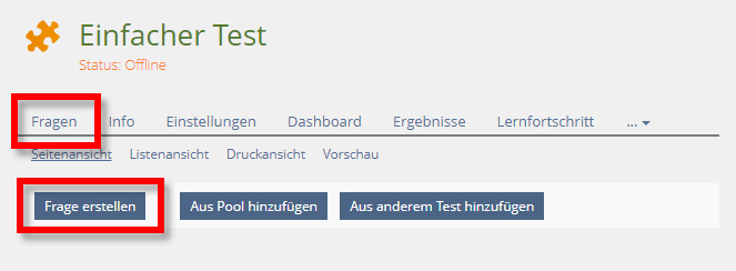 Fragen direkt im Test erstellen