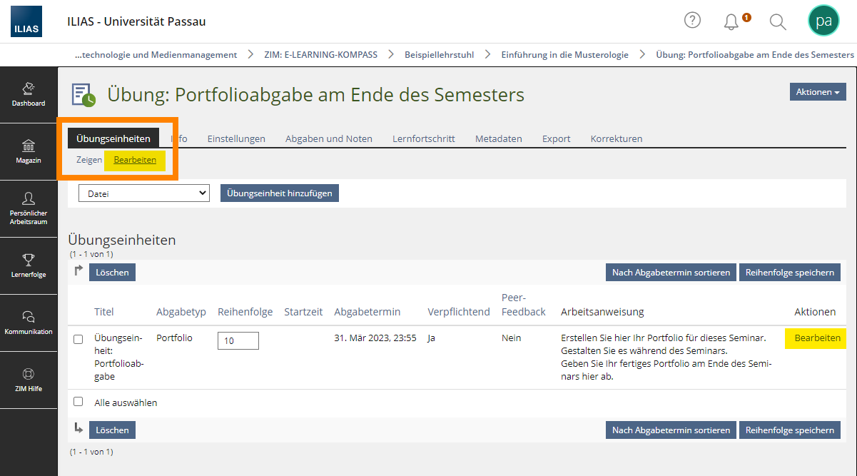 &Uuml;bungseinheit bearbeiten