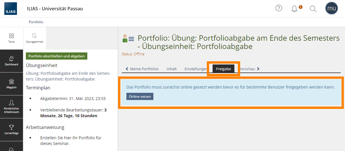 Online setzen f&uuml;r Freigabe