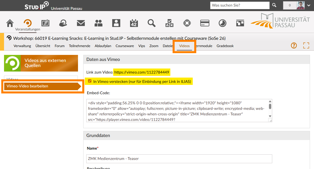 Videos aus Vimeo einbinden per Stud.IP-Link