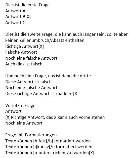 Aufbau der Fragen und Antworten in der Word-Datei